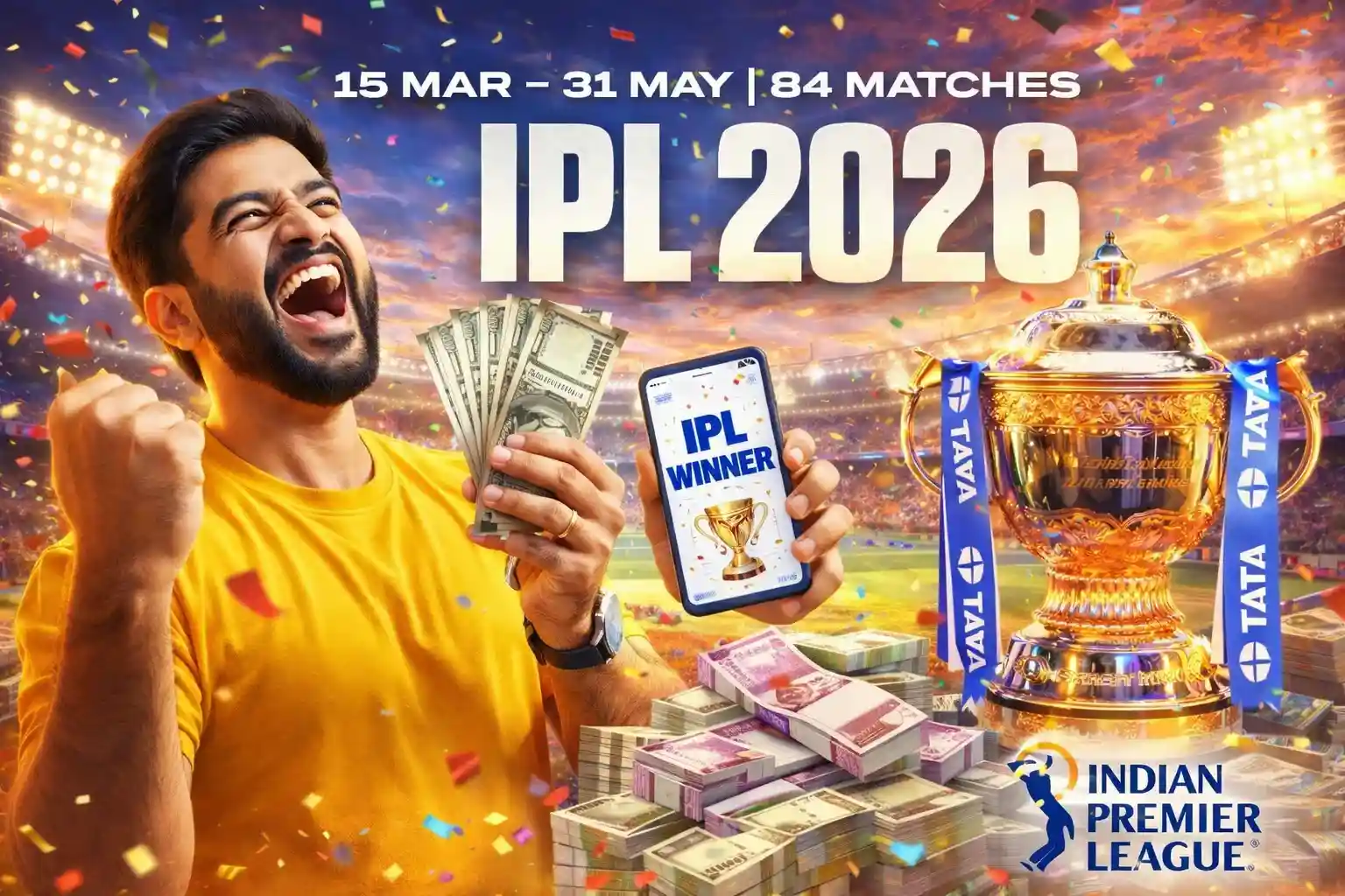Excited fan holding cash and a smartphone showing IPL winner app next to the championship trophy