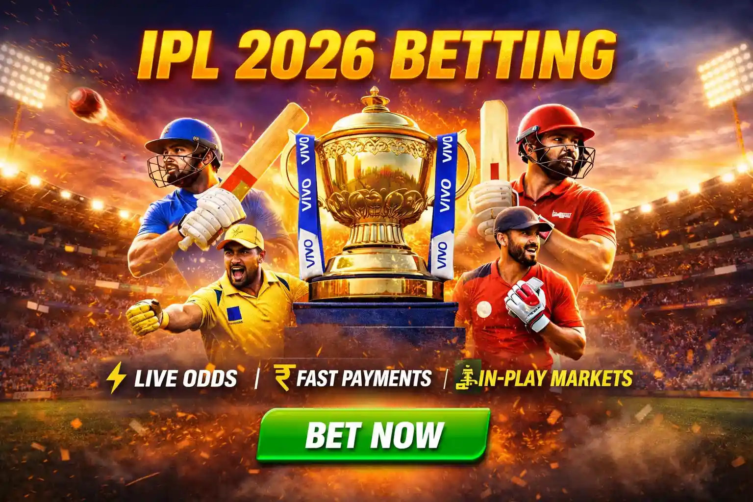 Promotional image for IPL 2026 betting markets featuring top cricketers and a golden trophy
