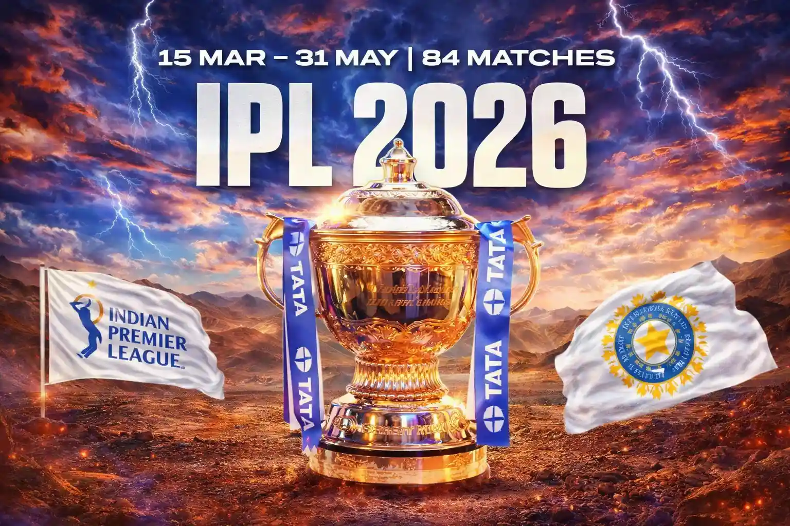 Golden Tata IPL 2026 trophy with tournament dates and BCCI flags against a dramatic sky background
