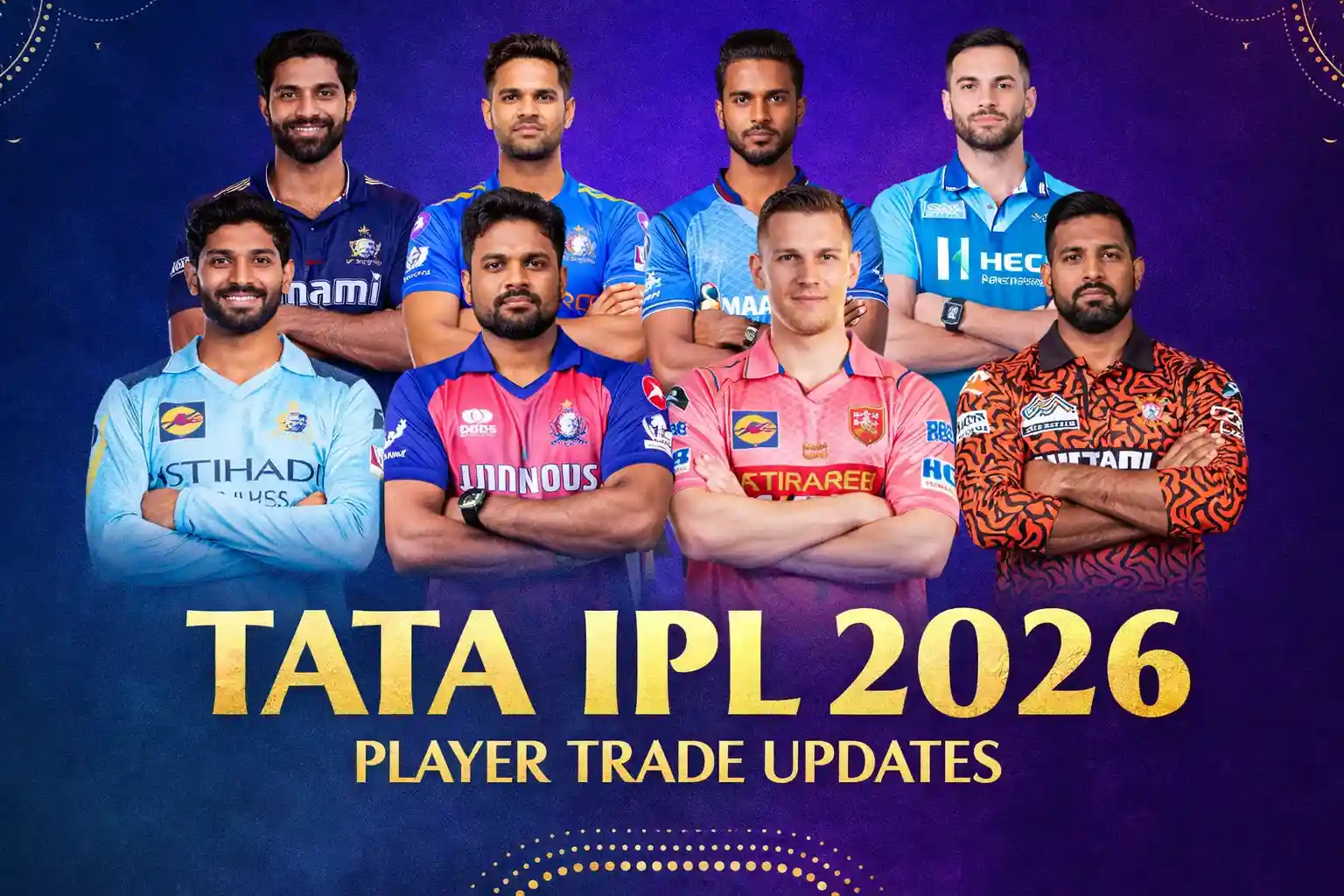 Tata IPL 2026 player trade updates banner featuring captains from all major franchises in team jerseys